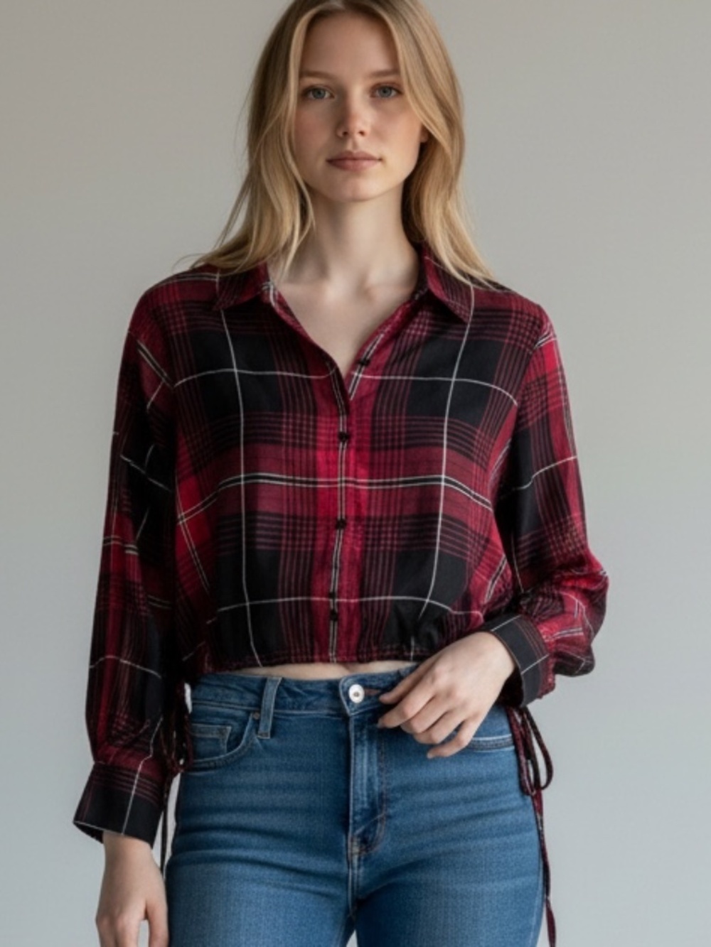 Express Burgundy Black Plaid Cropped Button Down Shirt Small Cinch Waist Flannel